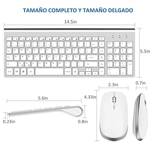 FENIFOX Teclado y Raton inalambrico, diseño ergonómico 2,4 G Teclado inalámbrico y ratón Combinado con Nano Receptor USB para PC de Escritorio, Mac OS Windows Linux (Plata)