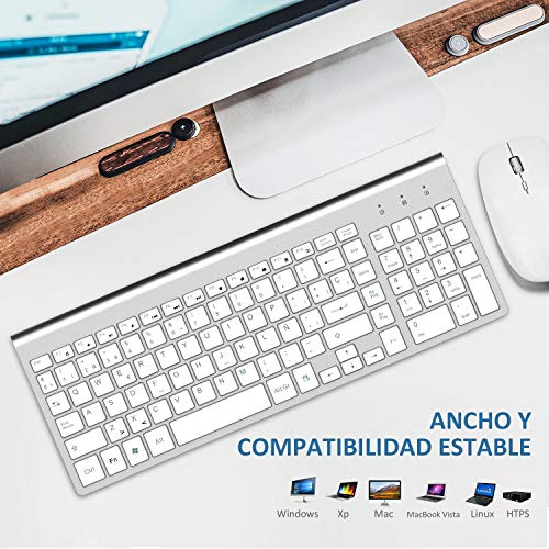 FENIFOX Teclado y Raton inalambrico, diseño ergonómico 2,4 G Teclado inalámbrico y ratón Combinado con Nano Receptor USB para PC de Escritorio, Mac OS Windows Linux (Plata)