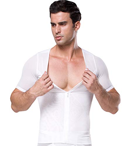 FEOYA - Ropa Deportivo para Hombre Adelgazante Camiseta Reductora con Cremallera para Fitnes Faja Reductora de Espalda - Blanco - XXL