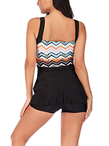 FEOYA - Traje de Baño de Dos Piezas Mujer para Natación Surf Playa Verano Tankini Talla Grande Bañador Swimsuit Top Falda Pantalones Cortos para Deportes Acuáticos Negro - Talla 3XL/ES 48