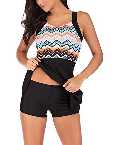 FEOYA - Traje de Baño de Dos Piezas Mujer para Natación Surf Playa Verano Tankini Talla Grande Bañador Swimsuit Top Falda Pantalones Cortos para Deportes Acuáticos Negro - Talla 3XL/ES 48