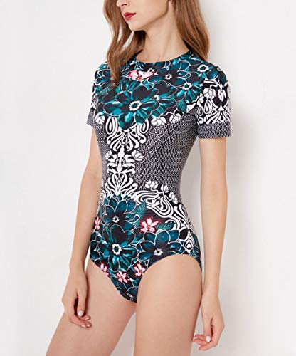 FEOYA - Traje de Baño de Una Pieza Mujer para Surf Playa Bañador de Natación Estampado de Flores Manga Corta Swimsuit Elástico Protección UV para Fiesta en Piscina Verde - Talla 2XL / ES 42