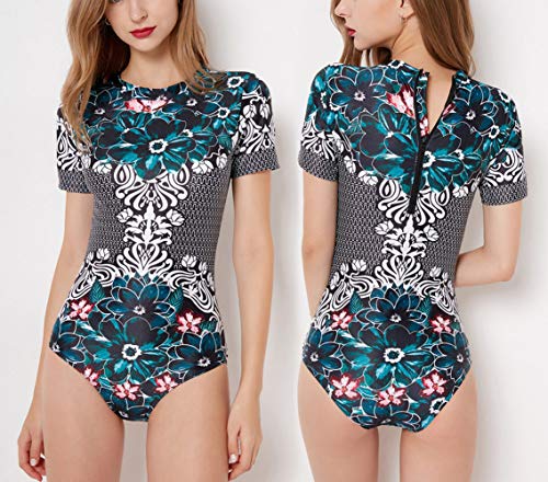 FEOYA - Traje de Baño de Una Pieza Mujer para Surf Playa Bañador de Natación Estampado de Flores Manga Corta Swimsuit Elástico Protección UV para Fiesta en Piscina Verde - Talla 2XL / ES 42