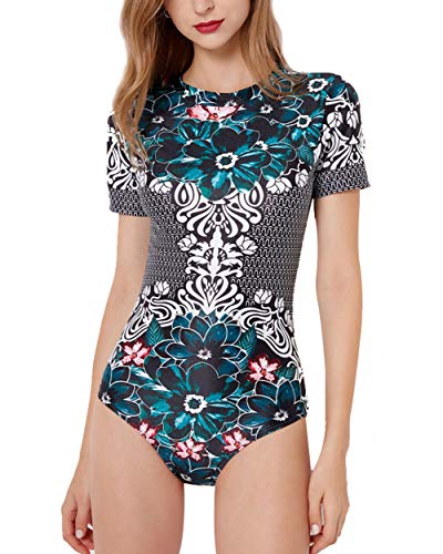 FEOYA - Traje de Baño de Una Pieza Mujer para Surf Playa Bañador de Natación Estampado de Flores Manga Corta Swimsuit Elástico Protección UV para Fiesta en Piscina Verde - Talla 2XL / ES 42