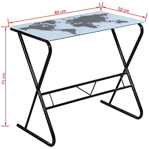 Festnight Escritorio con Estampado de Mapa del Mundo en su Superficie Mesa De Oficina Mesa De Hogar Escritorios de Despacho,Cristal Templado y Marco de Hierro 80x50x75cm