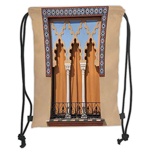 Fevthmii Drawstring Backpacks Bags,Arabian,Old Windows in Arabian Style at Cordoba Spain Background Balconies City,Sand Brown Light Blue Soft Satin,5 Liter Capacity,Adjustable String Closur