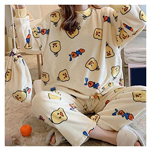 Fgolphd Nuevo 2020 Navidad Invierno Franela cálida Mujer Pijamas Sets Grueso Coral Velvet Manga Larga Domine Ropa de Dormir Pijamas Set Girl (Color : Huangse Xiong, Size : XLage)