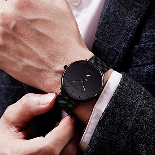 Fino Minimalista Moda Relojes de Pulsera Hombres Vestir Casual Impermeable Reloj Cuarzo con Banda Negro Acero Inoxidable Malla Ultra analogico para Hombre Mujer