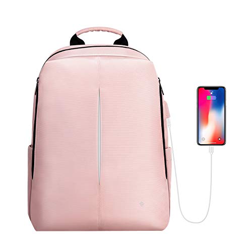 FINPAC Mochila para Portátil, Mochila Escolar de Tela y Nano-Moleculares Repelente al Agua con Puerto de Carga USB para Viaje Mujeres Hombres Se Adapta a Laptop de hasta 15.6", Rosa