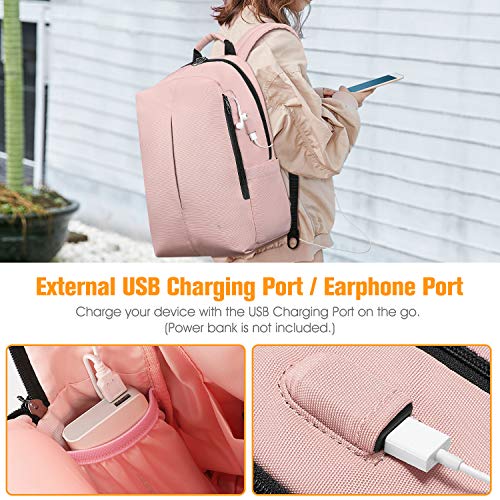 FINPAC Mochila para Portátil, Mochila Escolar de Tela y Nano-Moleculares Repelente al Agua con Puerto de Carga USB para Viaje Mujeres Hombres Se Adapta a Laptop de hasta 15.6", Rosa