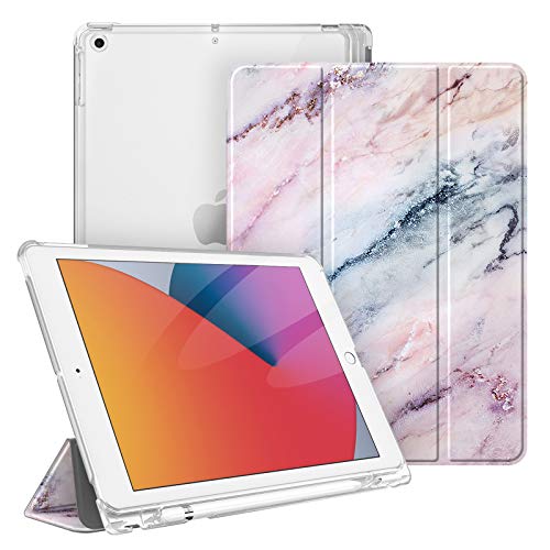 Fintie Funda para iPad 10,2" 2020/2019 con Soporte Integrado para Pencil - Trasera Transparente Carcasa Ligera Función de Auto-Reposo/Activación para iPad 8/7.ª Generación, Mármol Rosa