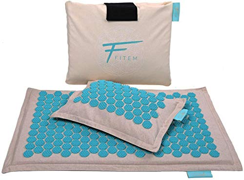 Fitem – Set de acupresión de alta gama y ecológico, esterilla de acupresión + cojín + bolsa, alivio del dolor de espalda y cuello, relajación muscular y estimuladores patentados