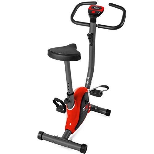 FITFIU Fitness BEST-100 Bicicleta estática compacta color Rojo, regulable en 8 niveles de resistencia, sillín ajustable en altura y pantalla LCD, Entrenamiento fitness en casa