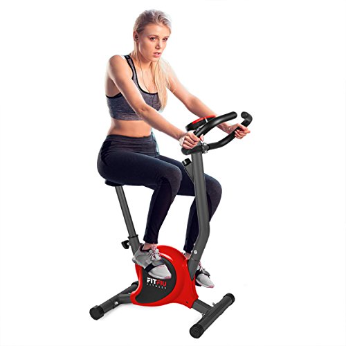 FITFIU Fitness BEST-100 Bicicleta estática compacta color Rojo, regulable en 8 niveles de resistencia, sillín ajustable en altura y pantalla LCD, Entrenamiento fitness en casa