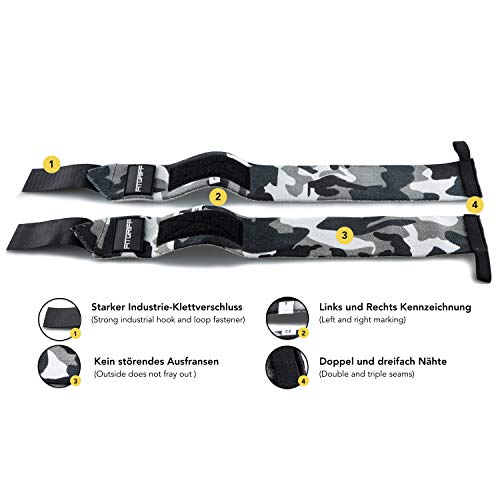 Fitgriff® Muñequeras Gym, Crossfit, Deportivas, Musculación, Gimnasio, Calistenia, Wrist Wraps - Mujeres y Hombres - Camo Grey