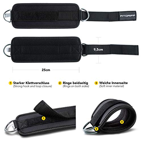 Fitgriff® Tobillera para Polea (Acolchado)- 2 Piezas Correas Tobillos Gym Cable Maquinas, Gimnasio, Fitness - Mujeres y Hombres - Black