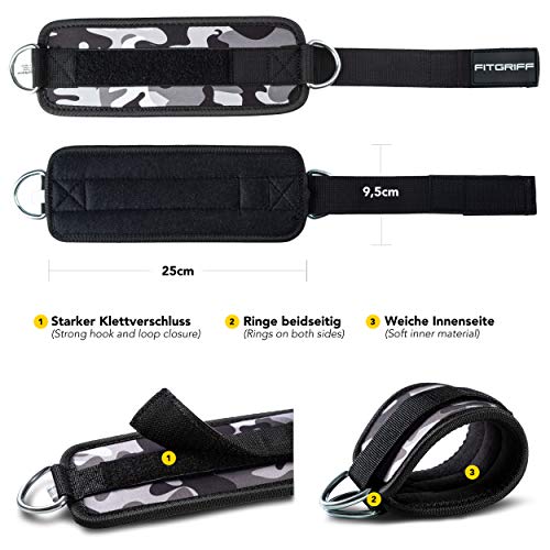 Fitgriff® Tobillera para Polea (Acolchado)- 2 Piezas Correas Tobillos Gym Cable Maquinas, Gimnasio, Fitness - Mujeres y Hombres - Camo