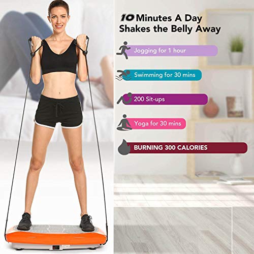 Fitness Plataforma Vibratoria 3D con Bandas de Entrenamiento y Control Remoto de Pulsera | Pantalla LCD + 3 Niveles + 99 Velocidades + 5 Programas, Ideal para Perder Peso (Naranja)