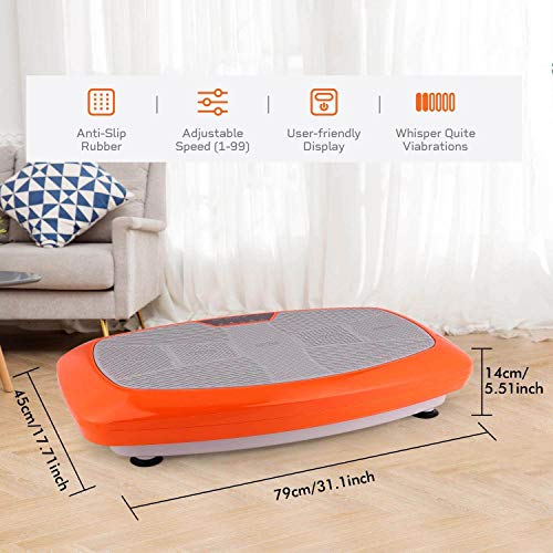 Fitness Plataforma Vibratoria 3D con Bandas de Entrenamiento y Control Remoto de Pulsera | Pantalla LCD + 3 Niveles + 99 Velocidades + 5 Programas, Ideal para Perder Peso (Naranja)