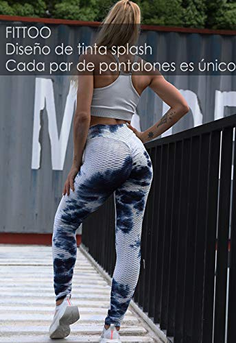 FITTOO Leggings Push Up Mujer Mallas Pantalones Deportivos Alta Cintura Elásticos Yoga Fitness #1 Azul & Blanco M