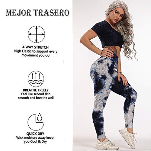 FITTOO Leggings Push Up Mujer Mallas Pantalones Deportivos Alta Cintura Elásticos Yoga Fitness #1 Azul & Blanco M