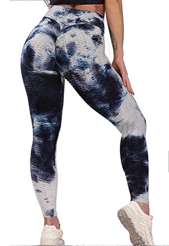 FITTOO Leggings Push Up Mujer Mallas Pantalones Deportivos Alta Cintura Elásticos Yoga Fitness #1 Azul & Blanco M