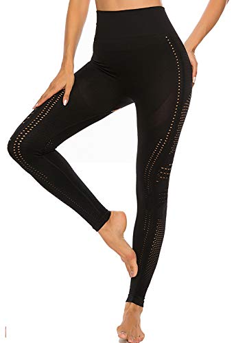 FITTOO Leggings Sin Costuras Corte de Malla Mujer Pantalon Deportivo Alta Cintura Yoga Elásticos Fitness Seamless #1 Negro M