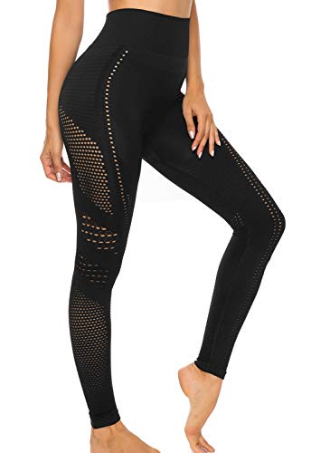 FITTOO Leggings Sin Costuras Corte de Malla Mujer Pantalon Deportivo Alta Cintura Yoga Elásticos Fitness Seamless #1 Negro M