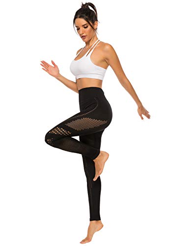 FITTOO Leggings Sin Costuras Corte de Malla Mujer Pantalon Deportivo Alta Cintura Yoga Elásticos Fitness Seamless #1 Negro M