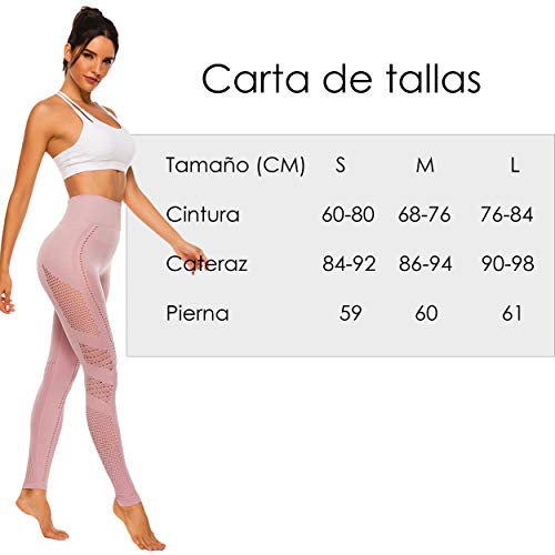 FITTOO Leggings Sin Costuras Corte de Malla Mujer Pantalon Deportivo Alta Cintura Yoga Elásticos Fitness Seamless #1 Rosa M