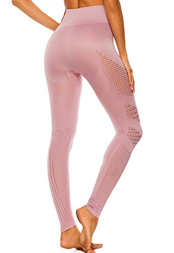 FITTOO Leggings Sin Costuras Corte de Malla Mujer Pantalon Deportivo Alta Cintura Yoga Elásticos Fitness Seamless #1 Rosa M