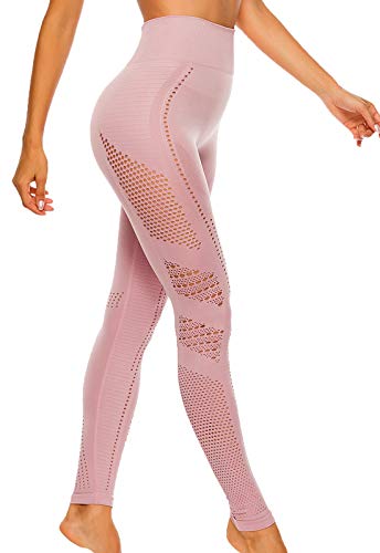 FITTOO Leggings Sin Costuras Corte de Malla Mujer Pantalon Deportivo Alta Cintura Yoga Elásticos Fitness Seamless #1 Rosa M