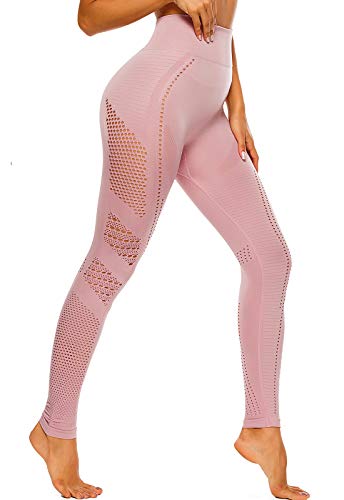 FITTOO Leggings Sin Costuras Corte de Malla Mujer Pantalon Deportivo Alta Cintura Yoga Elásticos Fitness Seamless #1 Rosa M