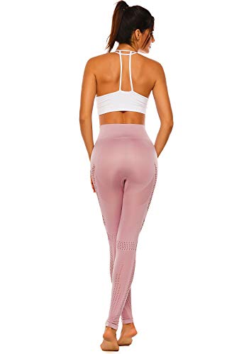 FITTOO Leggings Sin Costuras Corte de Malla Mujer Pantalon Deportivo Alta Cintura Yoga Elásticos Fitness Seamless #1 Rosa M