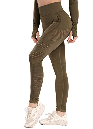FITTOO Leggings Sin Costuras Corte de Malla Mujer Pantalon Deportivo Alta Cintura Yoga Elásticos Fitness Seamless #1 Verte M