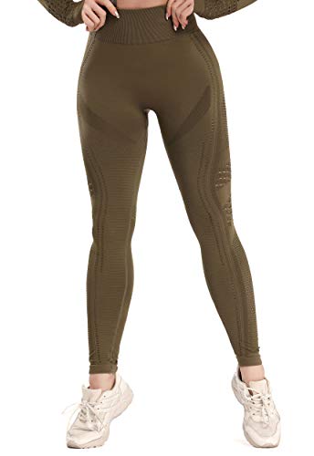 FITTOO Leggings Sin Costuras Corte de Malla Mujer Pantalon Deportivo Alta Cintura Yoga Elásticos Fitness Seamless #1 Verte M