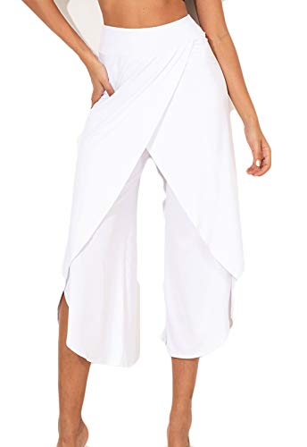 FITTOO Pantalones De Yoga Sueltos Cintura Alta Mujer Pantalones Largos Deportivos Suaves y Cómodos1080#4 Blanco L