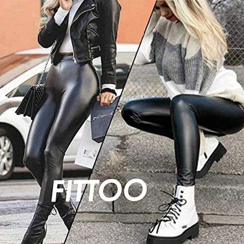 FITTOO PU Leggings Cuero Imitación Pantalón Elásticos Cintura Alta Push Up para Mujer #2 Clásico Negro Mate M