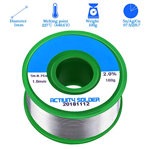 Fixget Estaño de Soldadura Sin Plomo, 1mm Alambre de Soldar con Núcleo de Colofonia, Sn97.3% 2% Cu0.7% para Soldadura Eléctrica, 100g