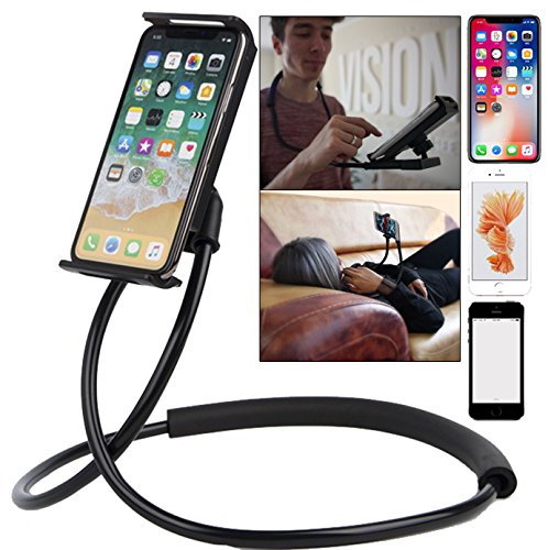 FlexiOne Soporte de móvil para el cuello negro atril para móvil con cuello de cisne universal, soporte para smartphones como iPhone, Samsung, Huawei. Perfecto para ver las series o el fútbol