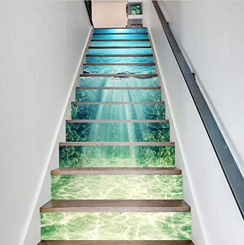 FLFK 3D Oceano azul profundo auto-adhesivos Pegatinas de Escalera pared pintura vinilo Escalera calcomanía Decoración 39.3 pulgadas x7.08 pulgadas X 13Piezas