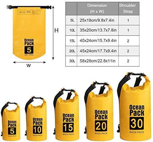 flintronic® Bolsa Impermeable, 20L Mochila Impermeable IP66, para Canoa Kayak Barco Camping Natación Rafting Velo Pesca,Amarillo (Incluye 2 PCS Bolsa Impermeable para Teléfono Celular)