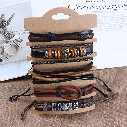 flintronic® Pulsera Hombre, 6 Piezas Personalidad Retro Tejida Pulsera de Traje de Cuero Multicapa, Pulseras Retro, Moda Pulsera de Cuero Brazalete Trenzado Roccia Punk, Ajustable (#1 Serie)