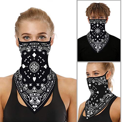 FLOFIA 2pcs Pañuelo Mascara Facial con Cuello de Oreja Pañuelo Bufanda Triangular Bandana Mascarilla Mask Negras Bragas de Cabeza Turbante para Mujer Hombre Unisex Verano Anti-UV Cislismo Moto Deporte