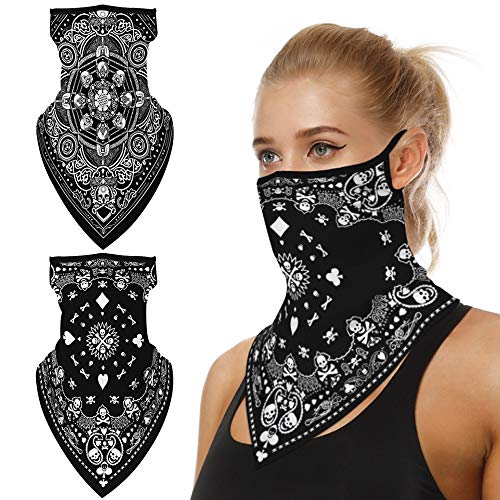 FLOFIA 2pcs Pañuelo Mascara Facial con Cuello de Oreja Pañuelo Bufanda Triangular Bandana Mascarilla Mask Negras Bragas de Cabeza Turbante para Mujer Hombre Unisex Verano Anti-UV Cislismo Moto Deporte