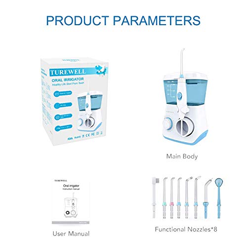 Flosser de agua, TUREWELL Irrigador bucal dental profesional 600 ML Gran capacidad de depósito con puntas multifuncionales 10 Presiones de agua Flosser dental de encimera Flosser de agua, TUREWELL Irrigador bucal dental profesional 600 ML Gran capacidad de depósito con puntas multifuncionales 10 Presiones de agua Flosser dental de encimera