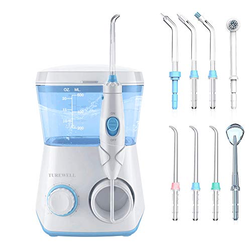 Flosser de agua, TUREWELL Irrigador bucal dental profesional 600 ML Gran capacidad de depósito con puntas multifuncionales 10 Presiones de agua Flosser dental de encimera Flosser de agua, TUREWELL Irrigador bucal dental profesional 600 ML Gran capacidad de depósito con puntas multifuncionales 10 Presiones de agua Flosser dental de encimera