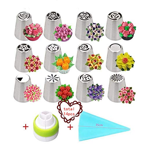 FOKULUNDA Juego de Puntas de tuberías Rusas 14 Piezas Kit de Suministros para decoración de Pasteles Puntas de formación de Hielo Boquillas de formación de Hielo Suministros para Hornear