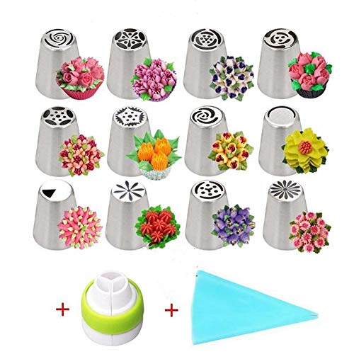 FOKULUNDA Juego de Puntas de tuberías Rusas 14 Piezas Kit de Suministros para decoración de Pasteles Puntas de formación de Hielo Boquillas de formación de Hielo Suministros para Hornear