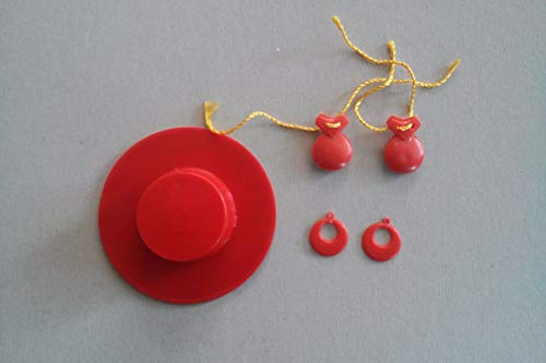 Folk Artesanía Complementos Flamenca Sombrero, Pendientes y castañuelas para muñeca Barbie o Barriguitas (Rojo)